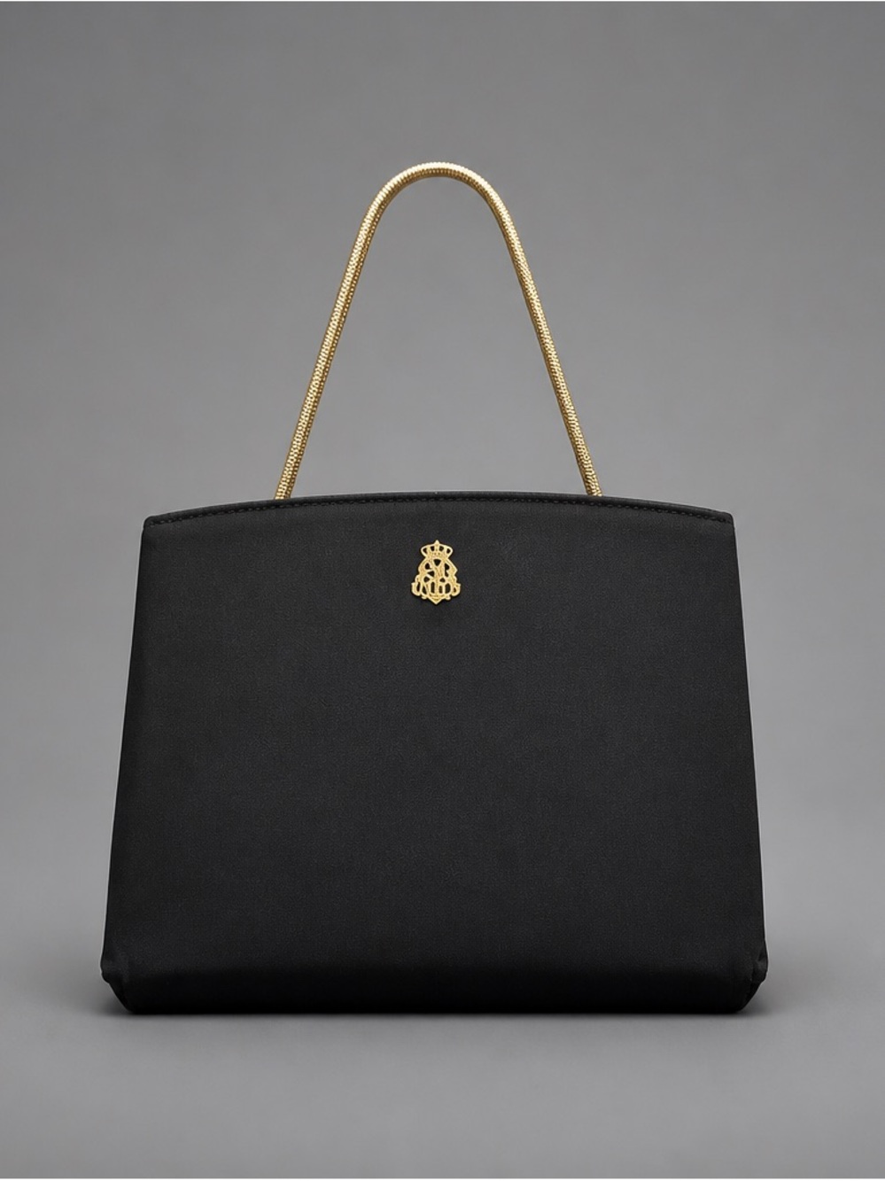 Vintage After Five Elegant Black Satin Top-Handle Satchel with Gold Accent